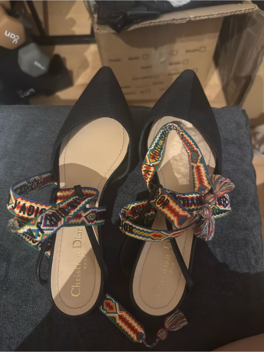 Dior Black Pointed Flats with Multicolor Woven Ankle Straps